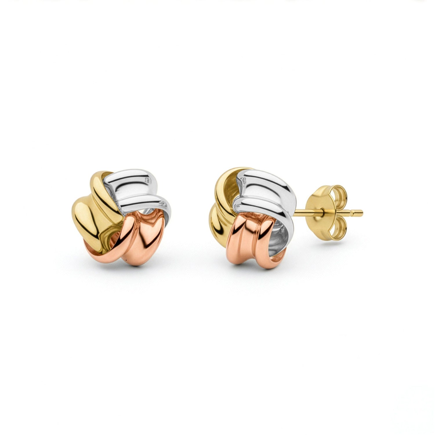 9ct Three Tone Yellow White and Rose Gold Ribbon Knot Stud Earrings — 10mm