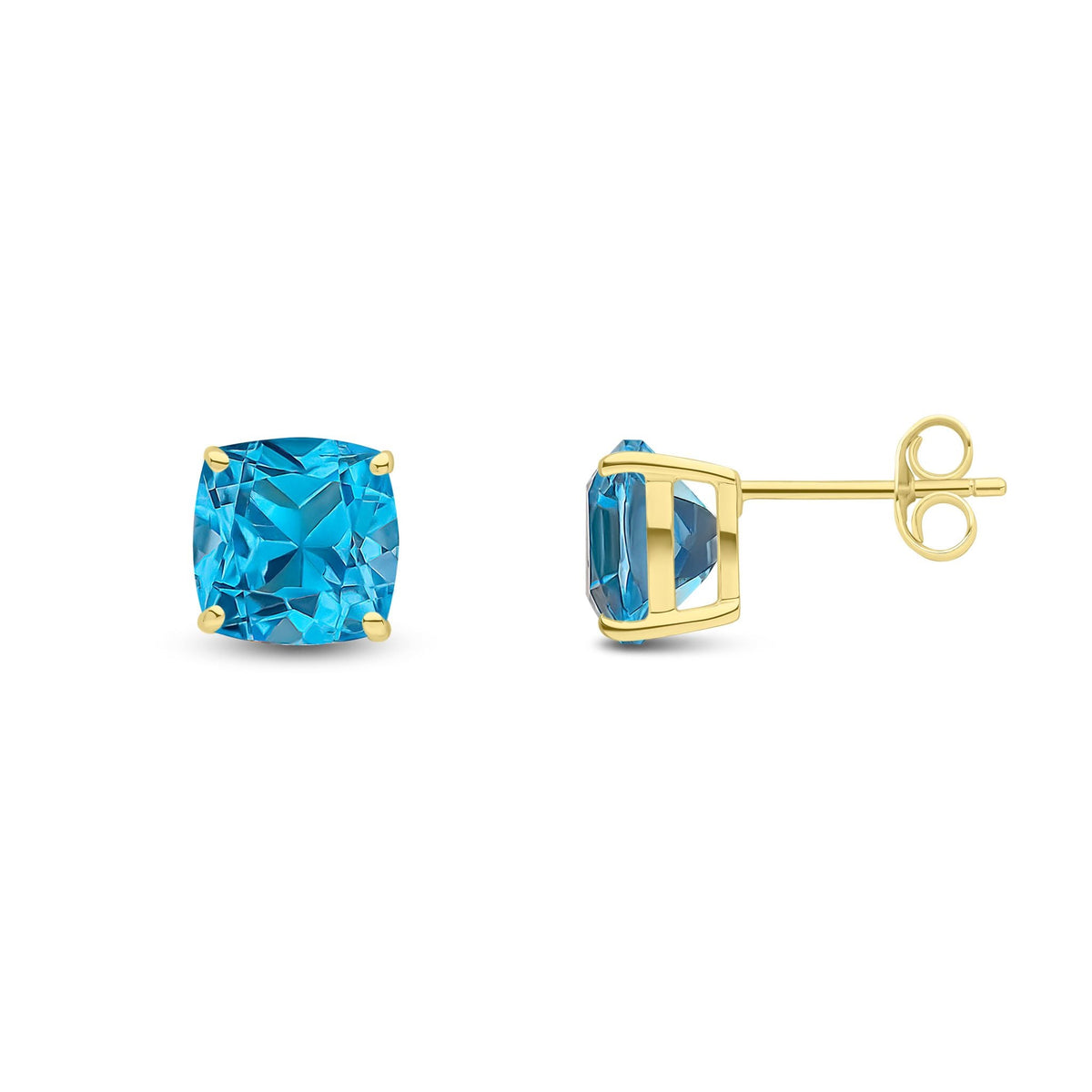 9ct Yellow Gold Cushion Natural Swiss Blue Topaz Claw Stud Earrings — 8mm