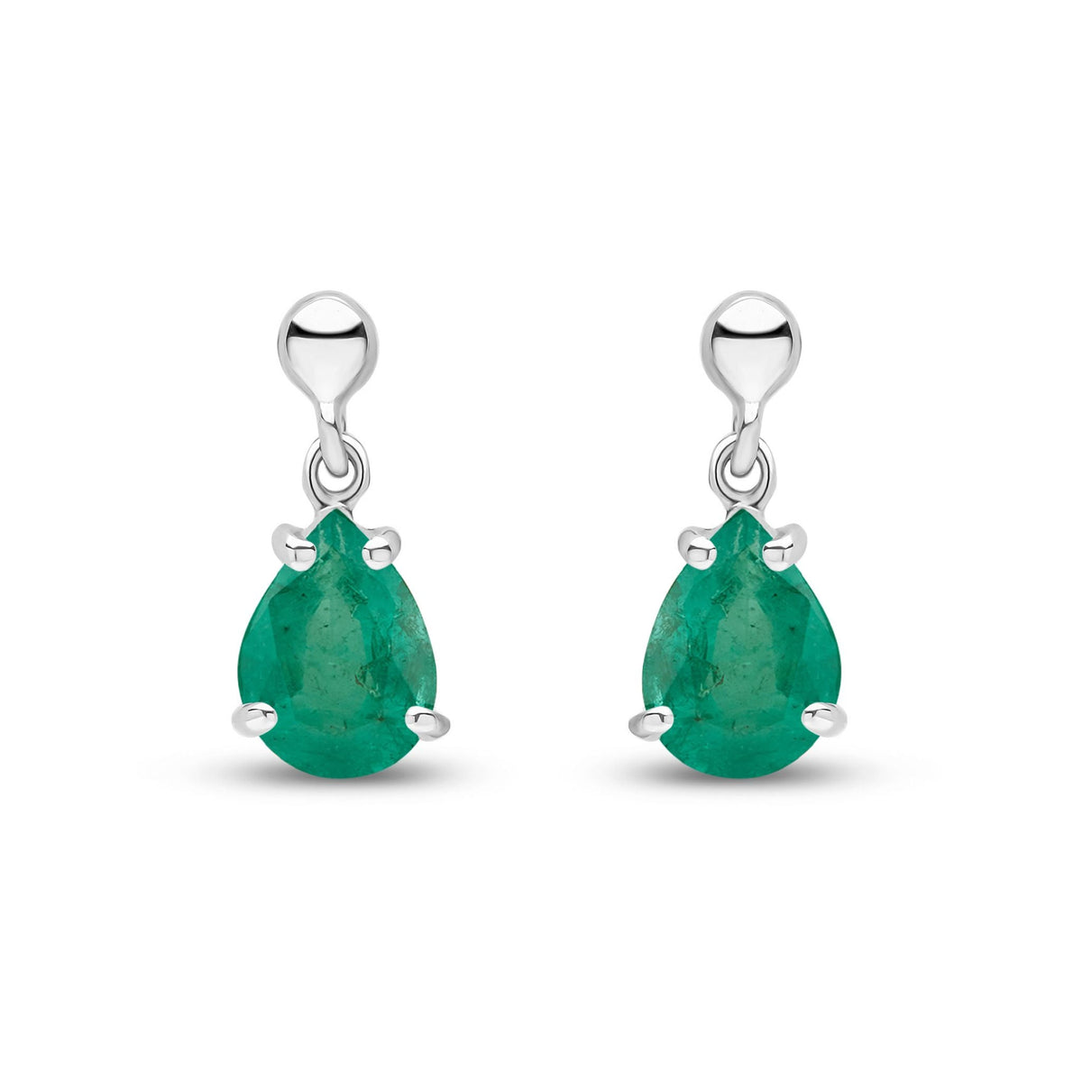 9ct White Gold Pear Shaped Natural Emerald Claw Drop Earrings — 7x5mm