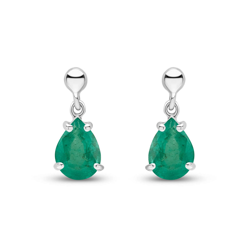 9ct White Gold Pear Shaped Natural Emerald Claw Drop Earrings — 7x5mm