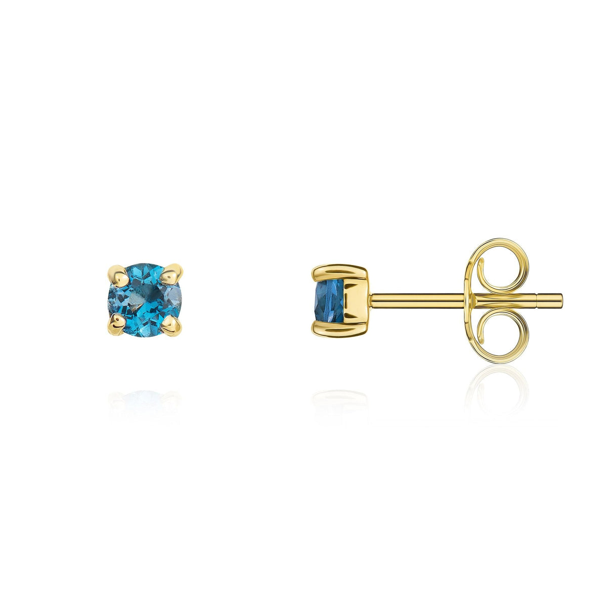 9ct Yellow Gold Round Natural London Blue Topaz Claw Stud Earrings — 3mm