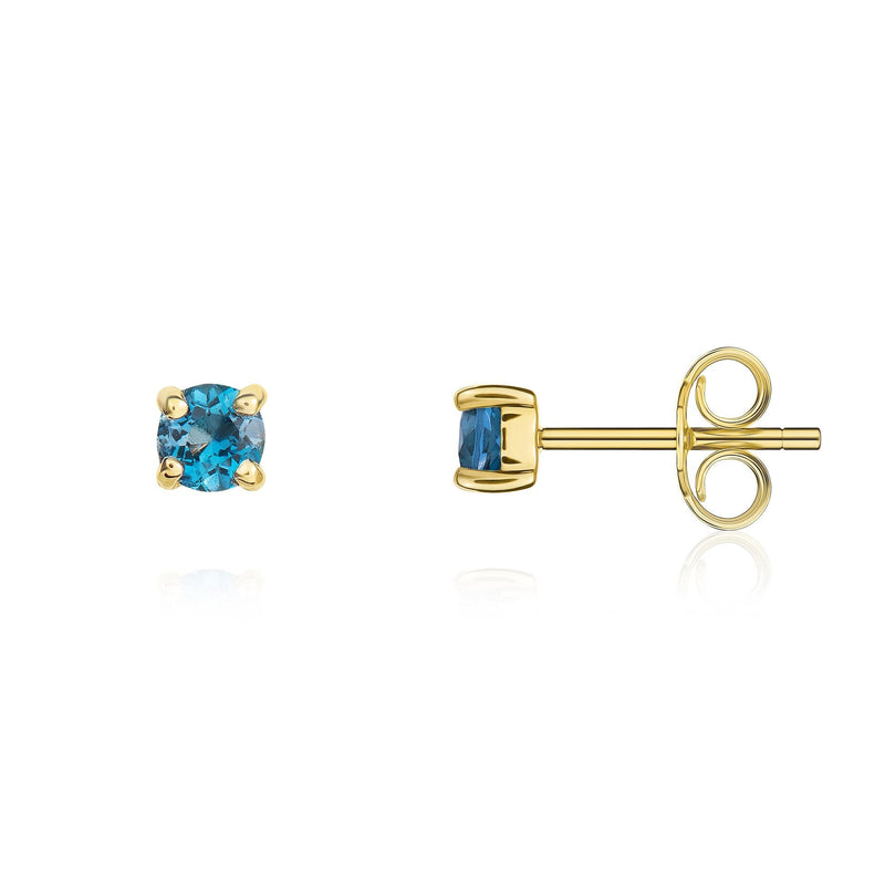 9ct Yellow Gold Round Natural London Blue Topaz Claw Stud Earrings — 3mm