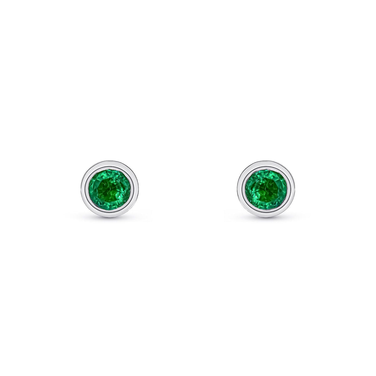 9ct White Gold Round Natural Emerald Rubover Stud Earrings — 3mm