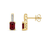 9ct Yellow Gold Octagonal Natural Garnet & Diamond Drop Earrings — 6x4mm