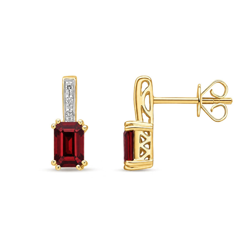 9ct Yellow Gold Octagonal Natural Garnet & Diamond Drop Earrings — 6x4mm