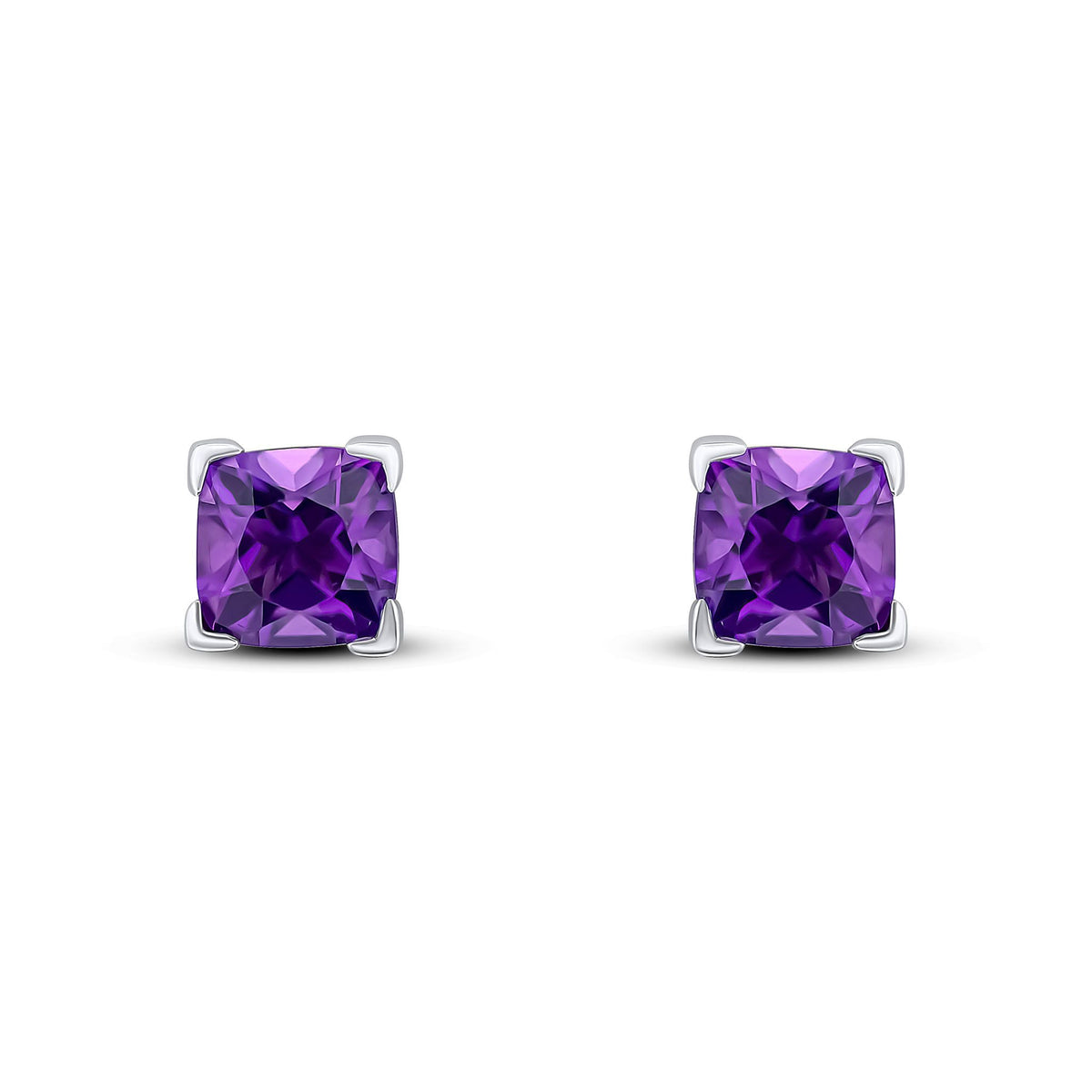 9ct White Gold Cushion Natural Amethyst Claw Stud Earrings — 6mm