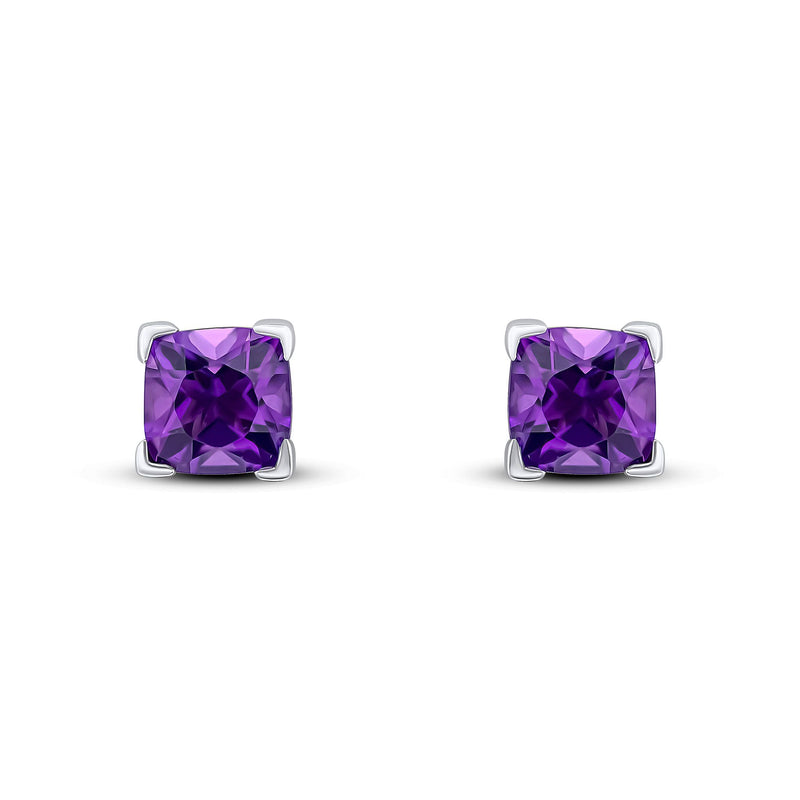 9ct White Gold Cushion Natural Amethyst Claw Stud Earrings — 6mm