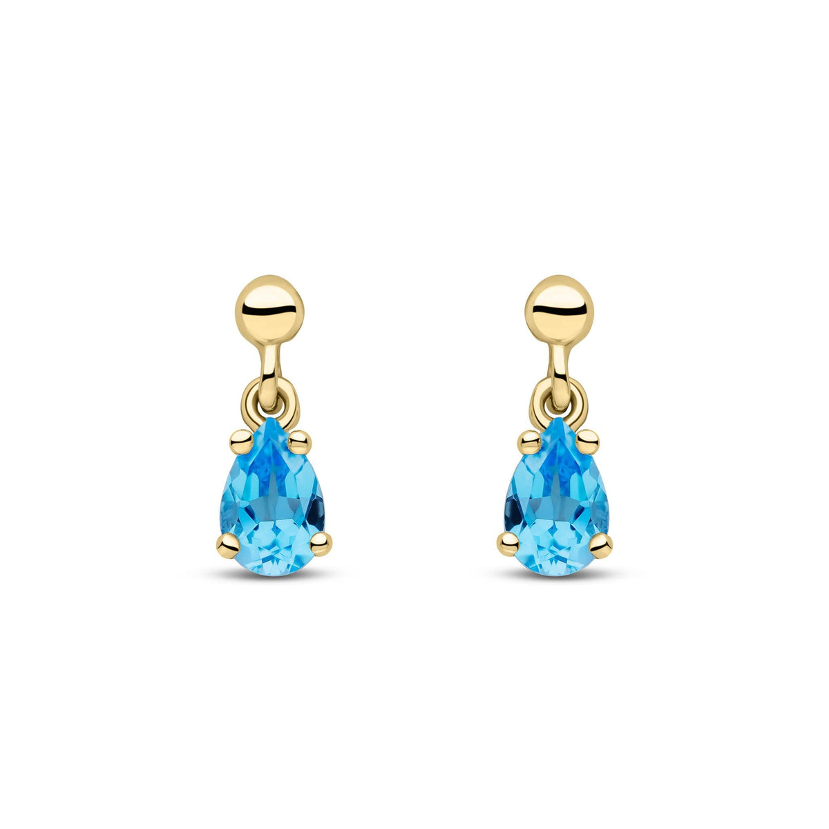 9ct Yellow Gold Pear Shaped Natural Swiss Blue Topaz Claw Drop Earrings — 6x4mm