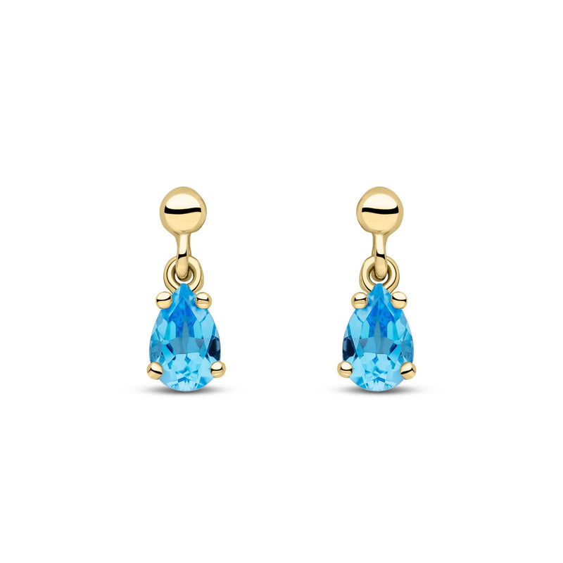 9ct Yellow Gold Pear Shaped Natural Swiss Blue Topaz Claw Drop Earrings — 6x4mm