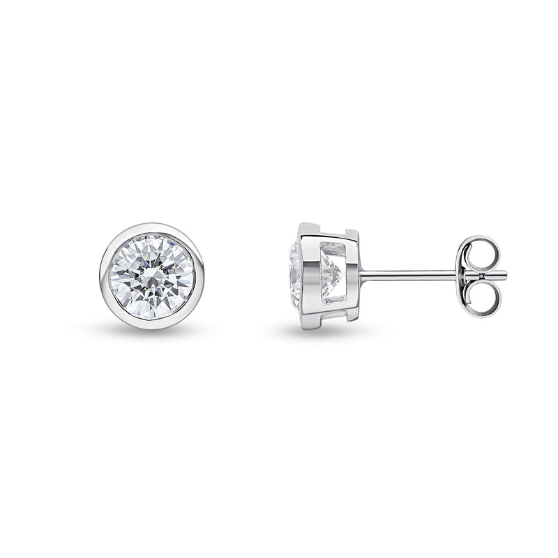 9ct White Gold Round Cubic Zirconia CZ Rubover Stud Earrings — 6mm
