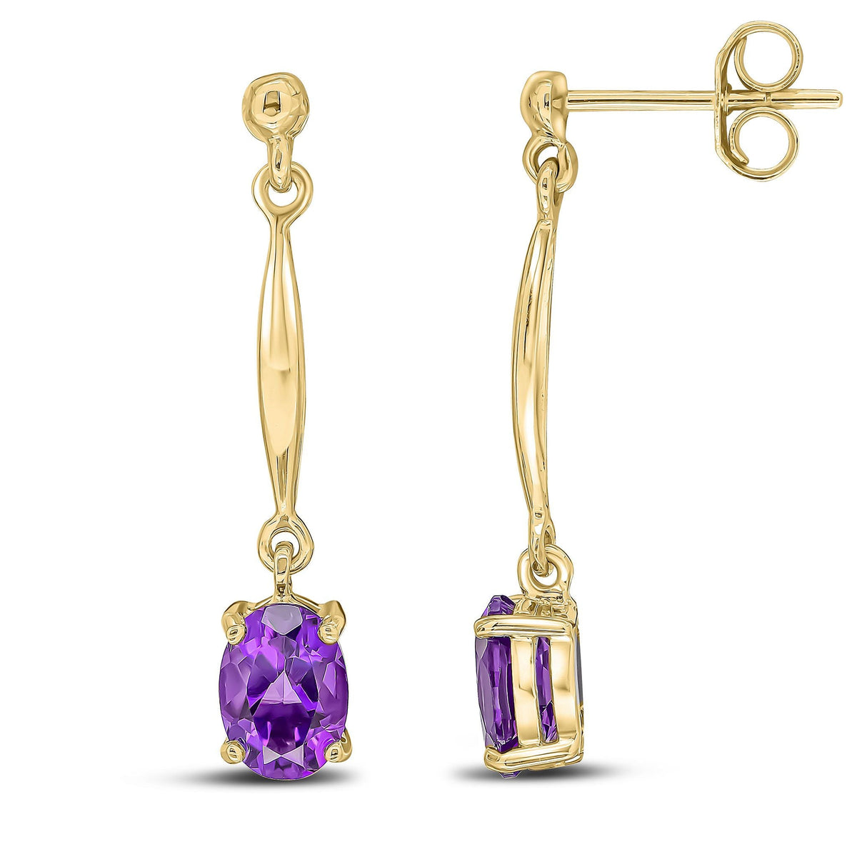 9ct Yellow Gold Oval Natural Amethyst Claw Bar Drop Earrings — 7x5mm