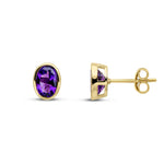 9ct Yellow Gold Oval Natural Amethyst Rubover Stud Earrings — 7x5mm