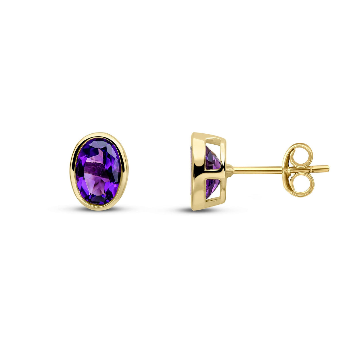 9ct Yellow Gold Oval Natural Amethyst Rubover Stud Earrings — 7x5mm