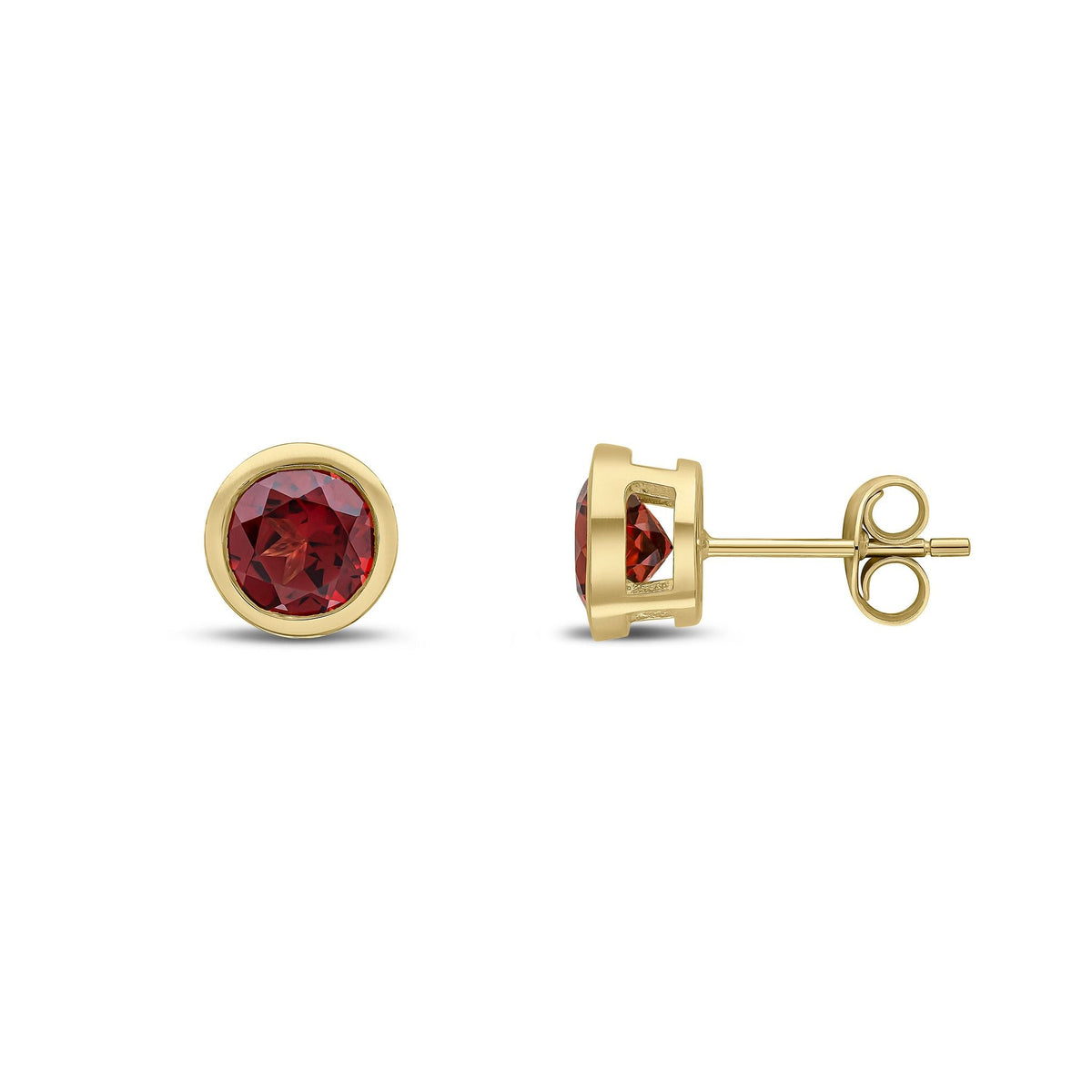 9ct Yellow Gold Round Natural Garnet Rubover Stud Earrings — 6mm
