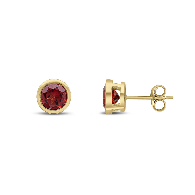 9ct Yellow Gold Round Natural Garnet Rubover Stud Earrings — 6mm
