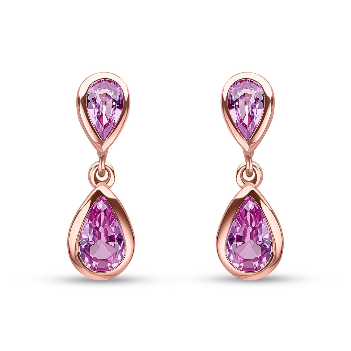 9ct Rose Gold Pear Shaped Natural Pink Sapphire Two Stone Rubover Drop Earrings