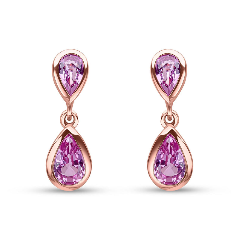 9ct Rose Gold Pear Shaped Natural Pink Sapphire Two Stone Rubover Drop Earrings