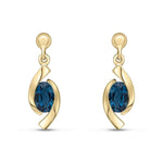 9ct Yellow Gold Oval Natural London Blue Topaz 'Eye' Drop Earrings — 6x4mm