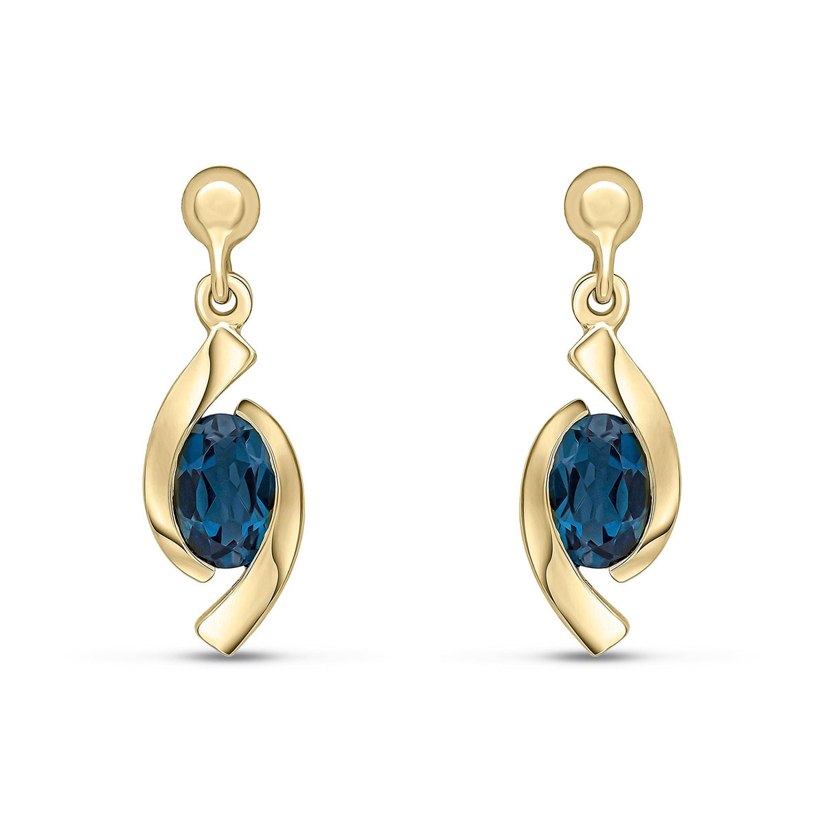 9ct Yellow Gold Oval Natural London Blue Topaz 'Eye' Drop Earrings — 6x4mm