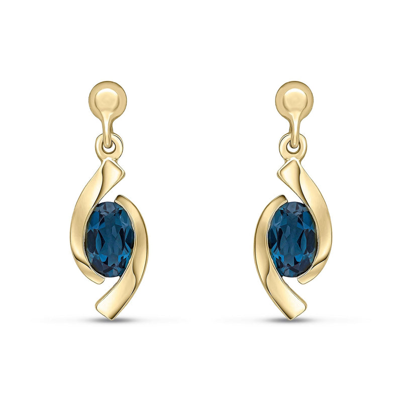 9ct Yellow Gold Oval Natural London Blue Topaz 'Eye' Drop Earrings — 6x4mm