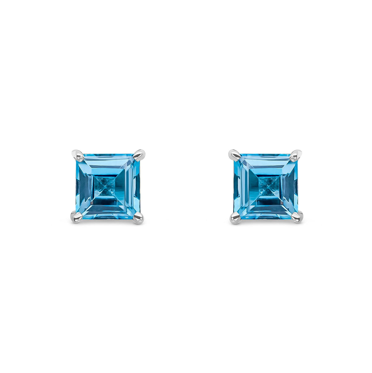 9ct White Gold Square Natural Swiss Blue Topaz Claw Stud Earrings — 5mm