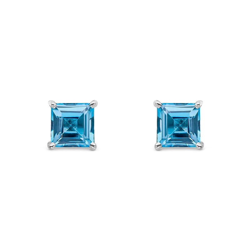 9ct White Gold Square Natural Swiss Blue Topaz Claw Stud Earrings — 5mm