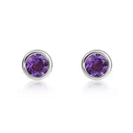 9ct White Gold Round Natural Amethyst Rubover Stud Earrings — 4mm