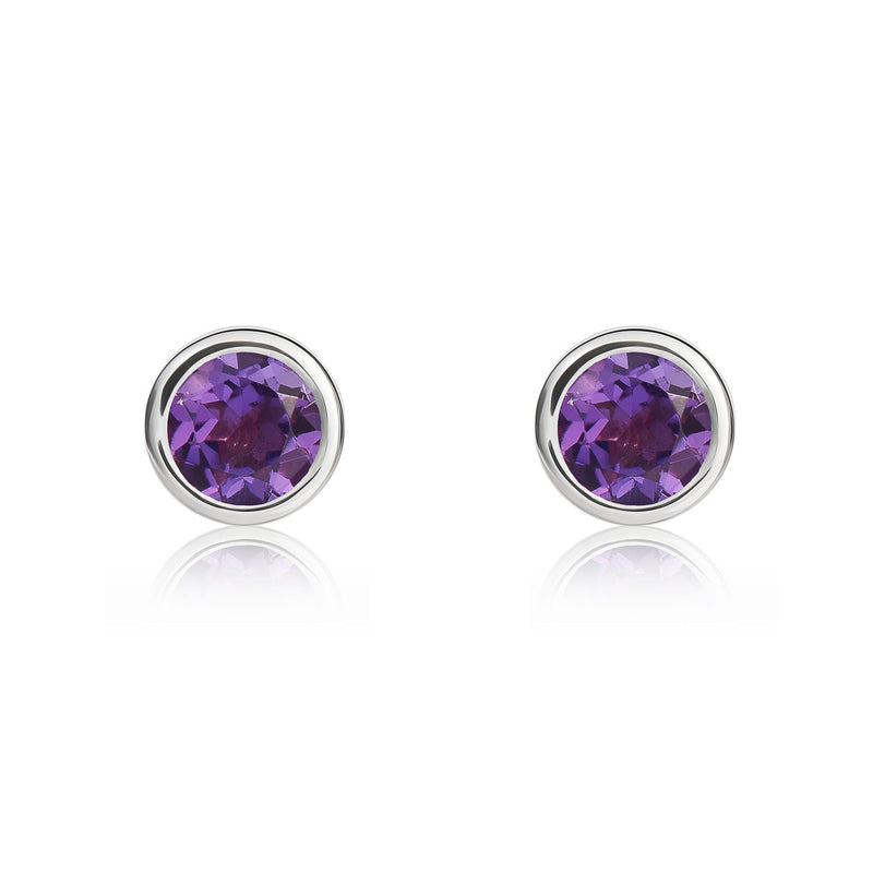 9ct White Gold Round Natural Amethyst Rubover Stud Earrings — 4mm