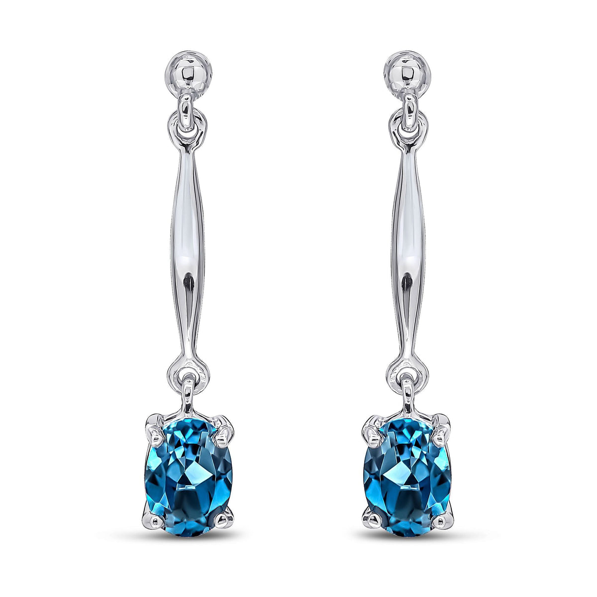 9ct White Gold Oval Natural London Blue Topaz Claw Bar Drop Earrings — 7x5mm
