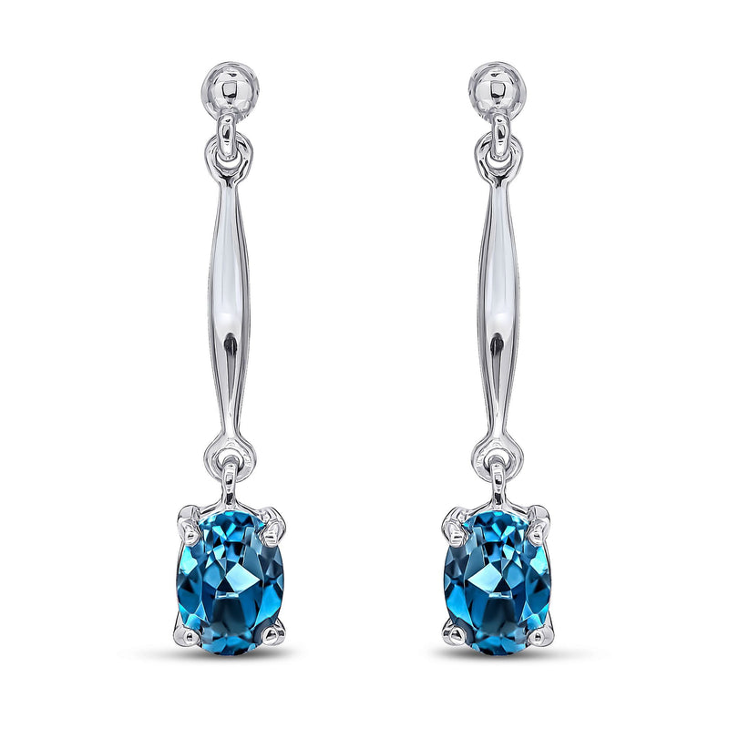 9ct White Gold Oval Natural London Blue Topaz Claw Bar Drop Earrings — 7x5mm