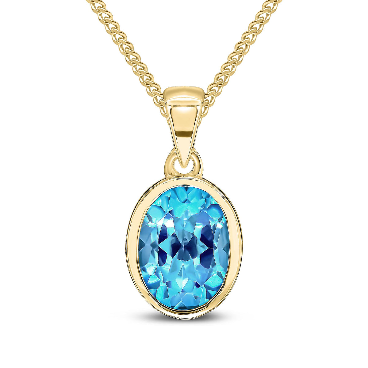 9ct Yellow Gold Rubover-Set Oval Natural Swiss Blue Topaz Pendant — 9x7mm