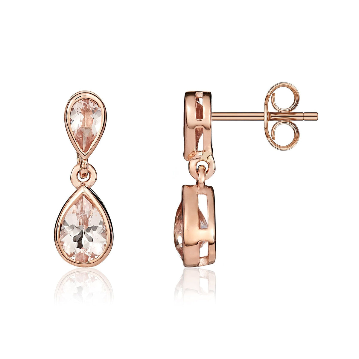 9ct Rose Gold Pear Shaped Natural Morganite Two Stone Rubover Drop Earrings