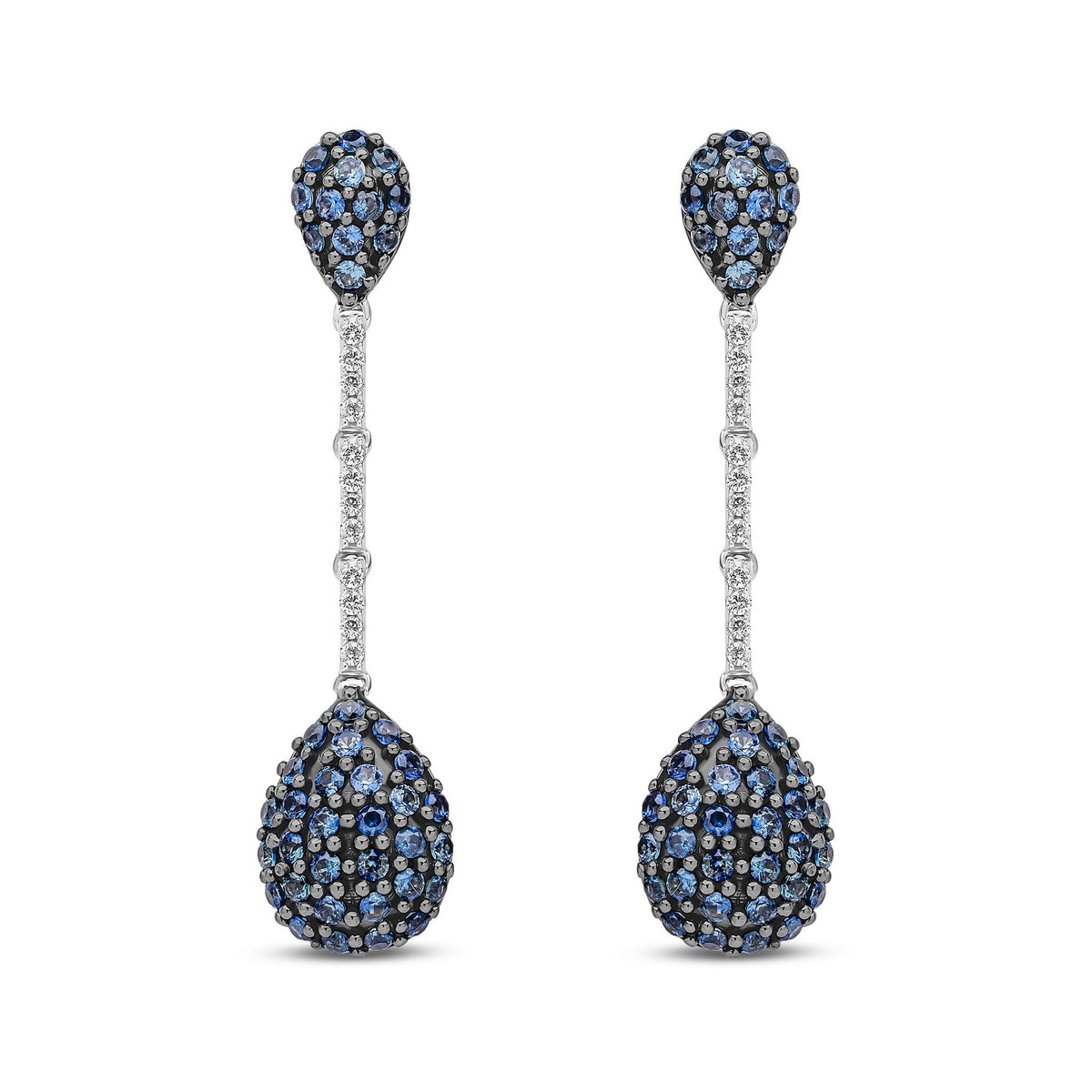 18ct White Gold Natural Sapphire and Diamond Double Teardrop Drop Earrings