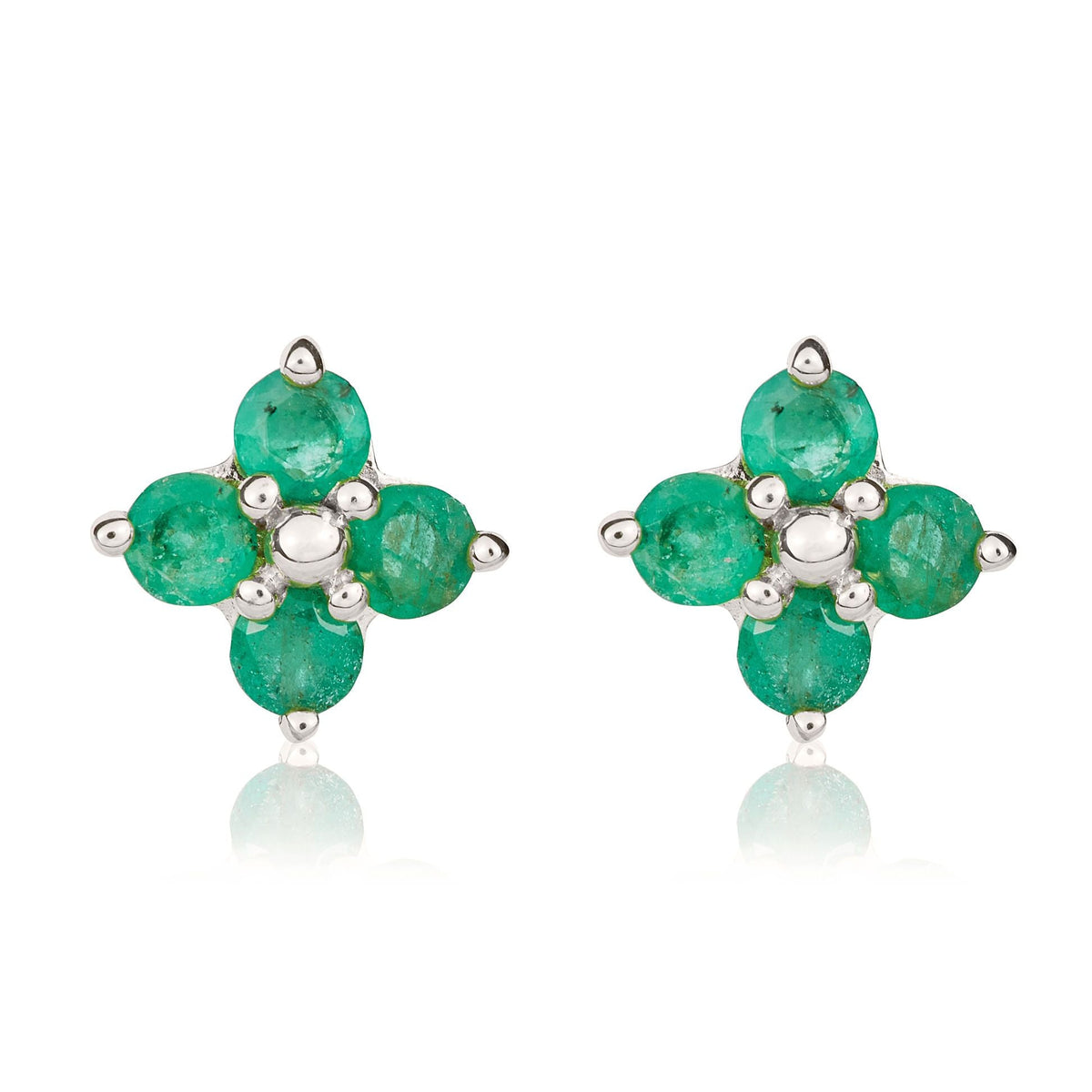 9ct White Gold Round Natural Emerald Four Stone Cluster Stud Earrings