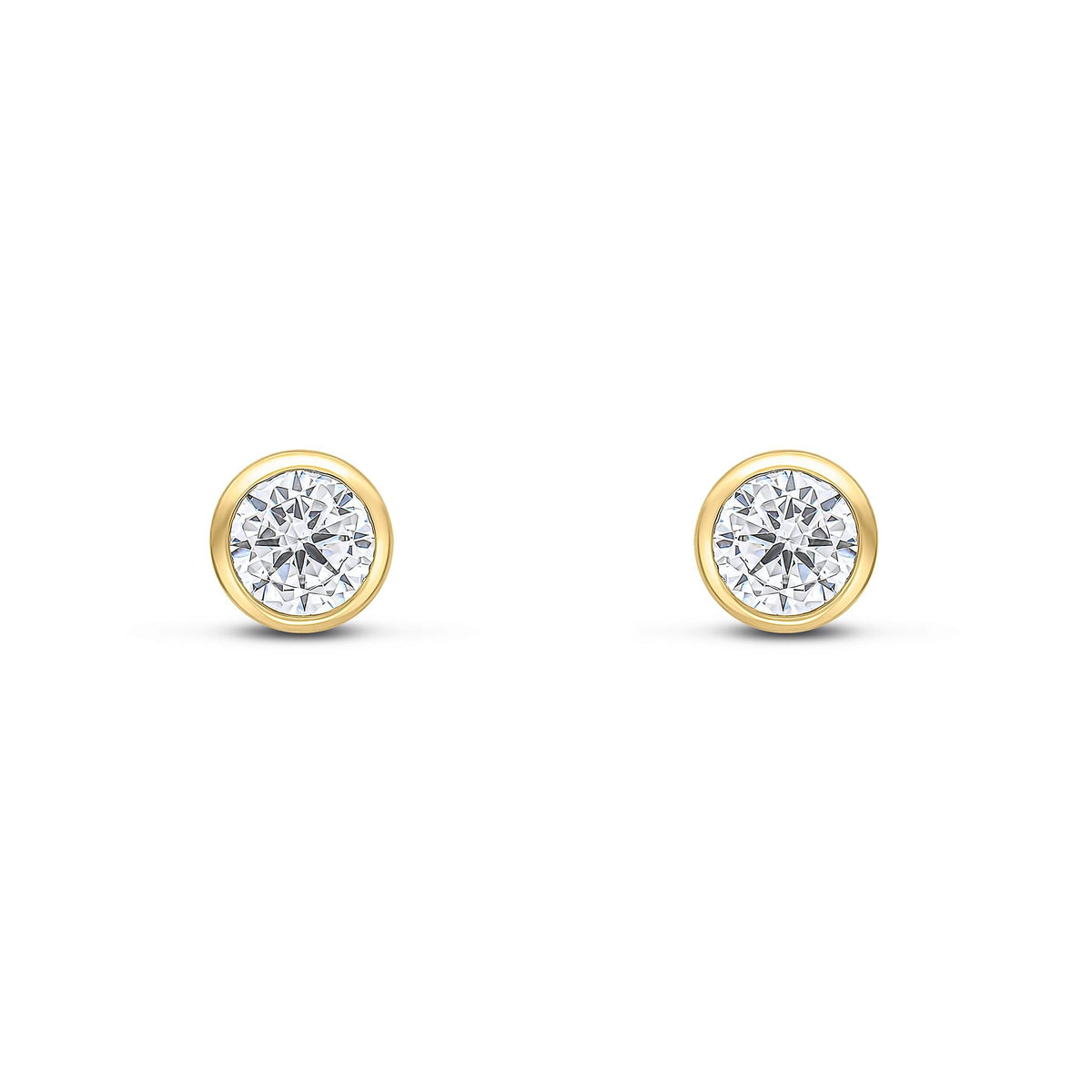 9ct Yellow Gold Round Cubic Zirconia CZ Rubover Stud Earrings — 4mm