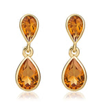9ct Yellow Gold Pear Shaped Natural Citrine Two Stone Rubover Drop Earrings