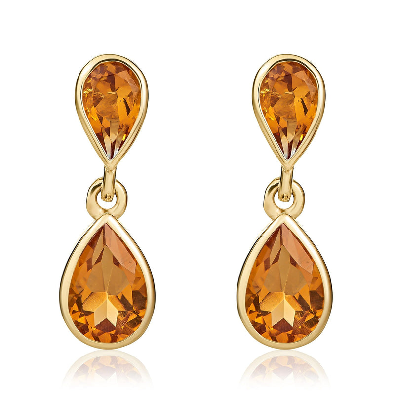 9ct Yellow Gold Pear Shaped Natural Citrine Two Stone Rubover Drop Earrings