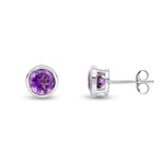 9ct White Gold Round Natural Amethyst Rubover Stud Earrings — 6mm