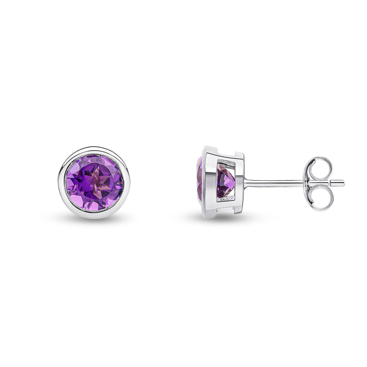 9ct White Gold Round Natural Amethyst Rubover Stud Earrings — 6mm