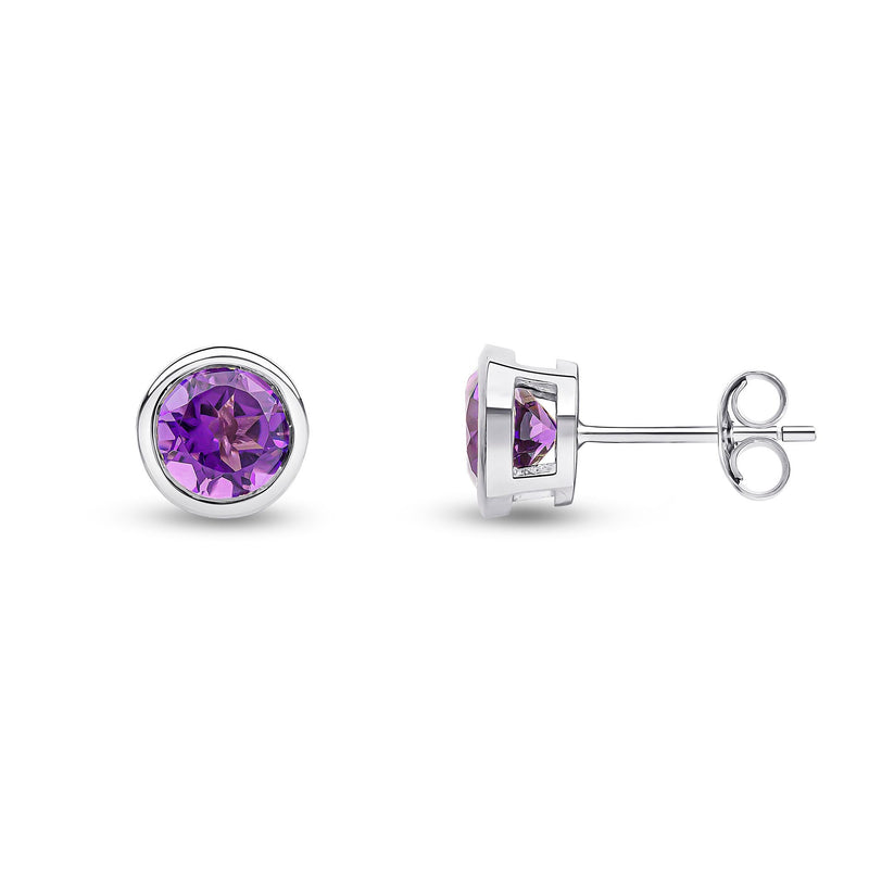 9ct White Gold Round Natural Amethyst Rubover Stud Earrings — 6mm