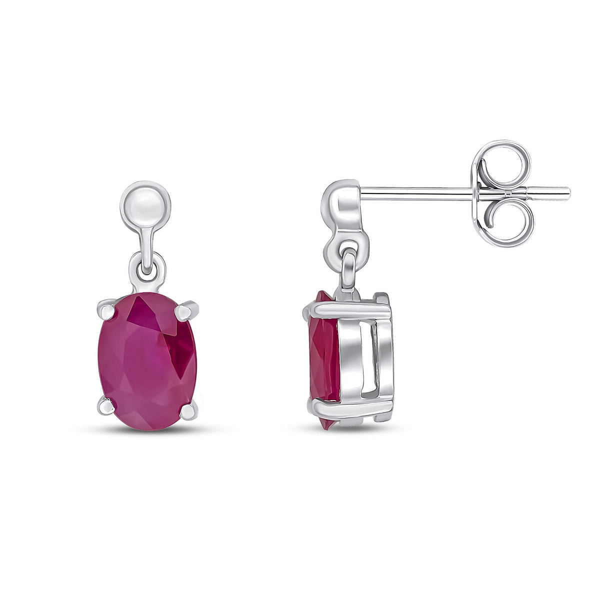9ct White Gold Oval Natural Ruby Claw Drop Earrings — 7x5mm
