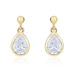 9ct Yellow Gold Pear Shaped Cubic Zirconia CZ Rubover Drop Earrings — 7x5mm