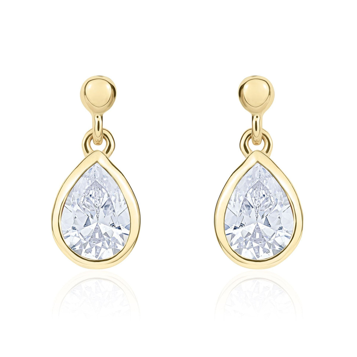 9ct Yellow Gold Pear Shaped Cubic Zirconia CZ Rubover Drop Earrings — 7x5mm
