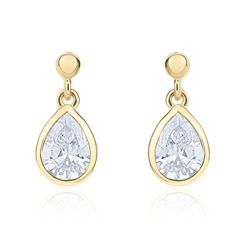 9ct Yellow Gold Pear Shaped Cubic Zirconia CZ Rubover Drop Earrings — 7x5mm