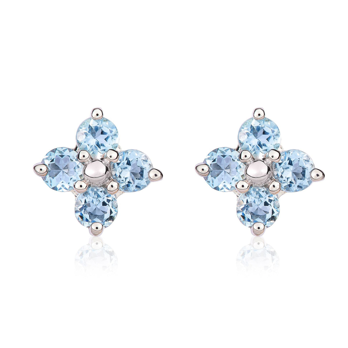 9ct White Gold Round Natural Aquamarine Four Stone Cluster Stud Earrings