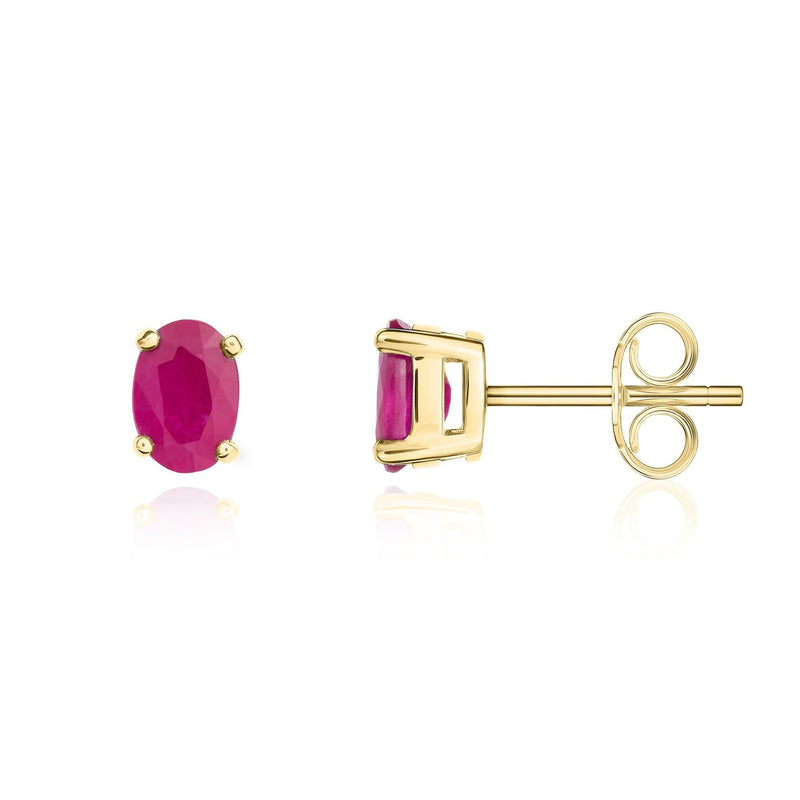 9ct Yellow Gold Oval Natural Ruby Claw Stud Earrings — 6x4mm