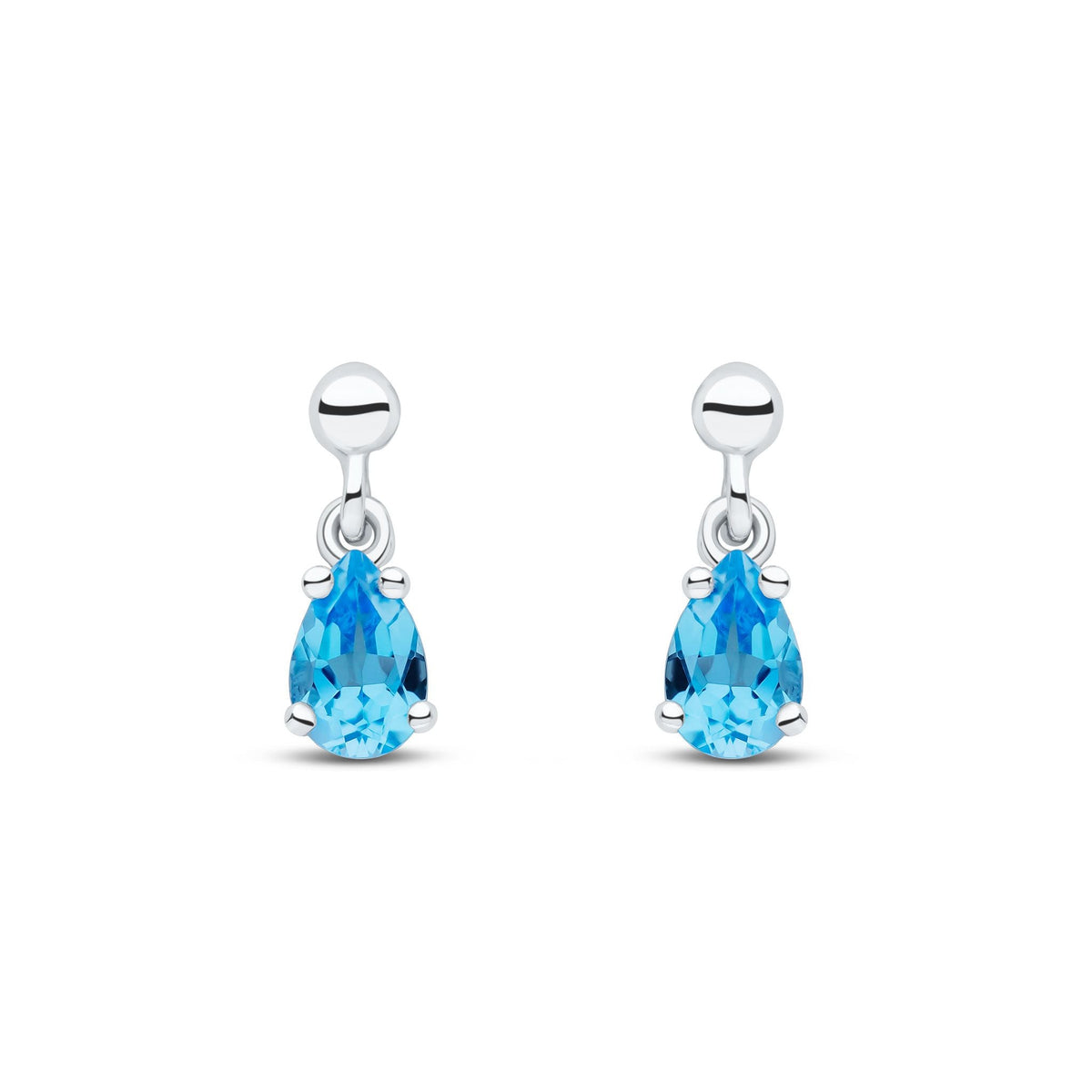 9ct White Gold Pear Shaped Natural Swiss Blue Topaz Claw Drop Earrings — 6x4mm