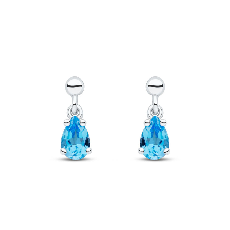 9ct White Gold Pear Shaped Natural Swiss Blue Topaz Claw Drop Earrings — 6x4mm