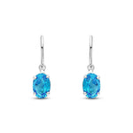 9ct White Gold Oval Natural Swiss Blue Topaz Claw Hook Wire Drop Earrings — 7x5mm