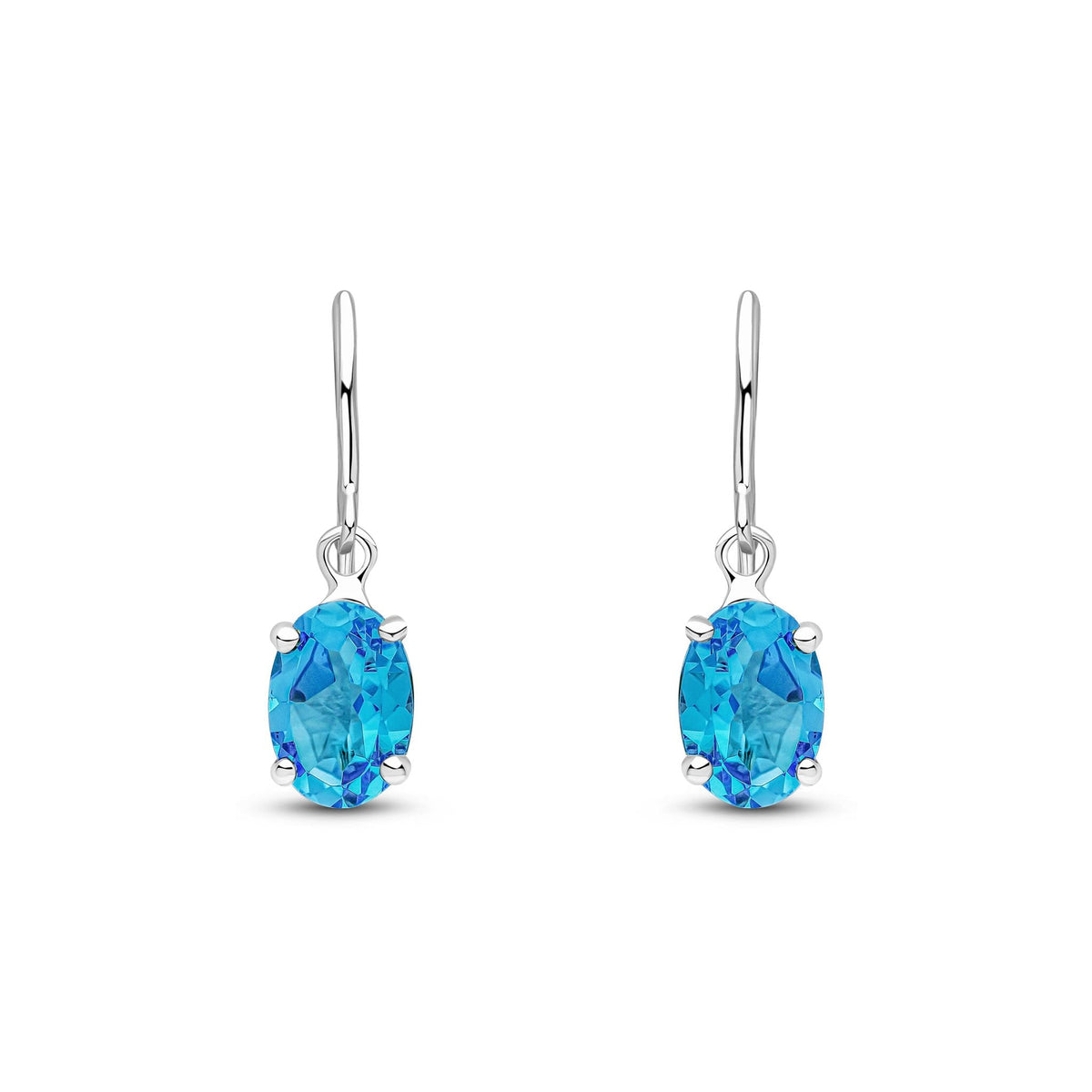 9ct White Gold Oval Natural Swiss Blue Topaz Claw Hook Wire Drop Earrings — 7x5mm